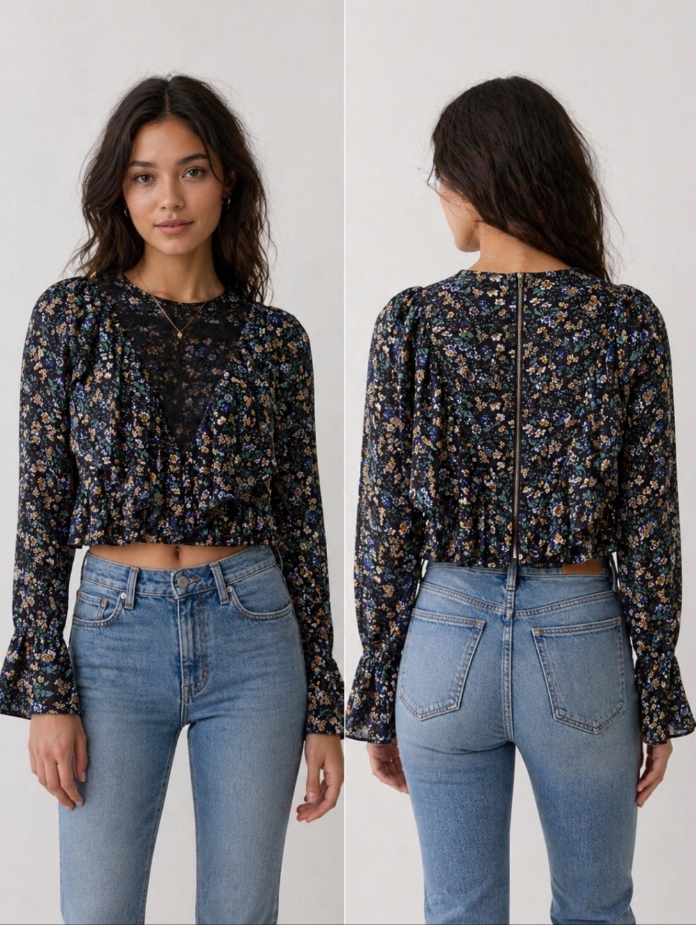 Missguided Black Floral Ruffle Cropped Blouse Size 2